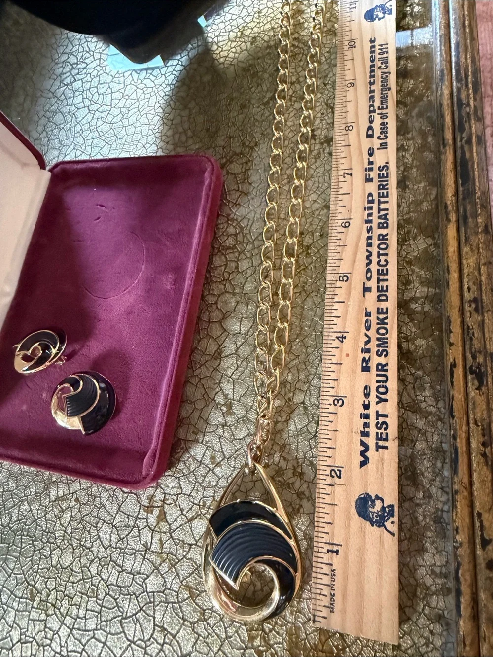 Vintage Trifari Gold Tone Necklace & Earrings with Black Enamel Swirl